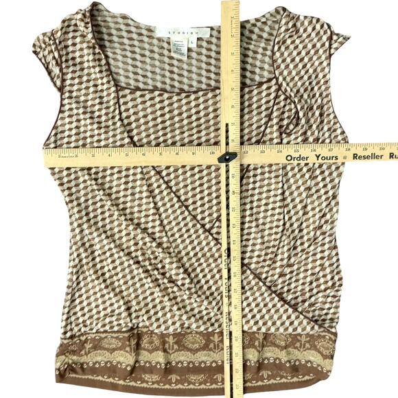 Studio M Geometric Brown Tan Squares Layered Tank Top Sleeveless Blouse size L - Picture 3 of 8